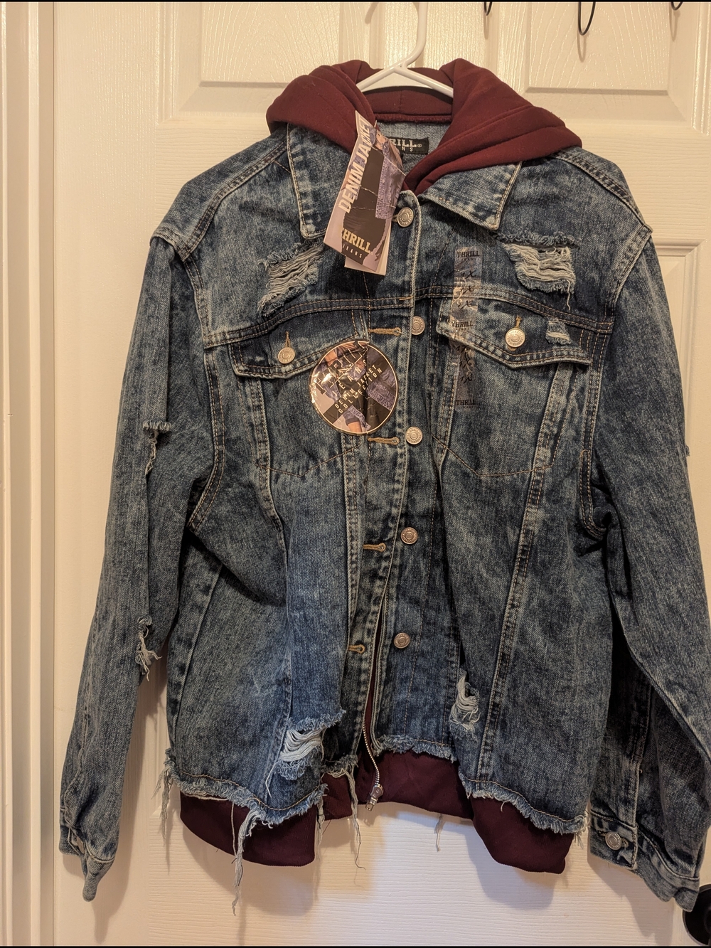 Thrill Distressed Blue Denim Jacket with Burgundy Hoodie Layer